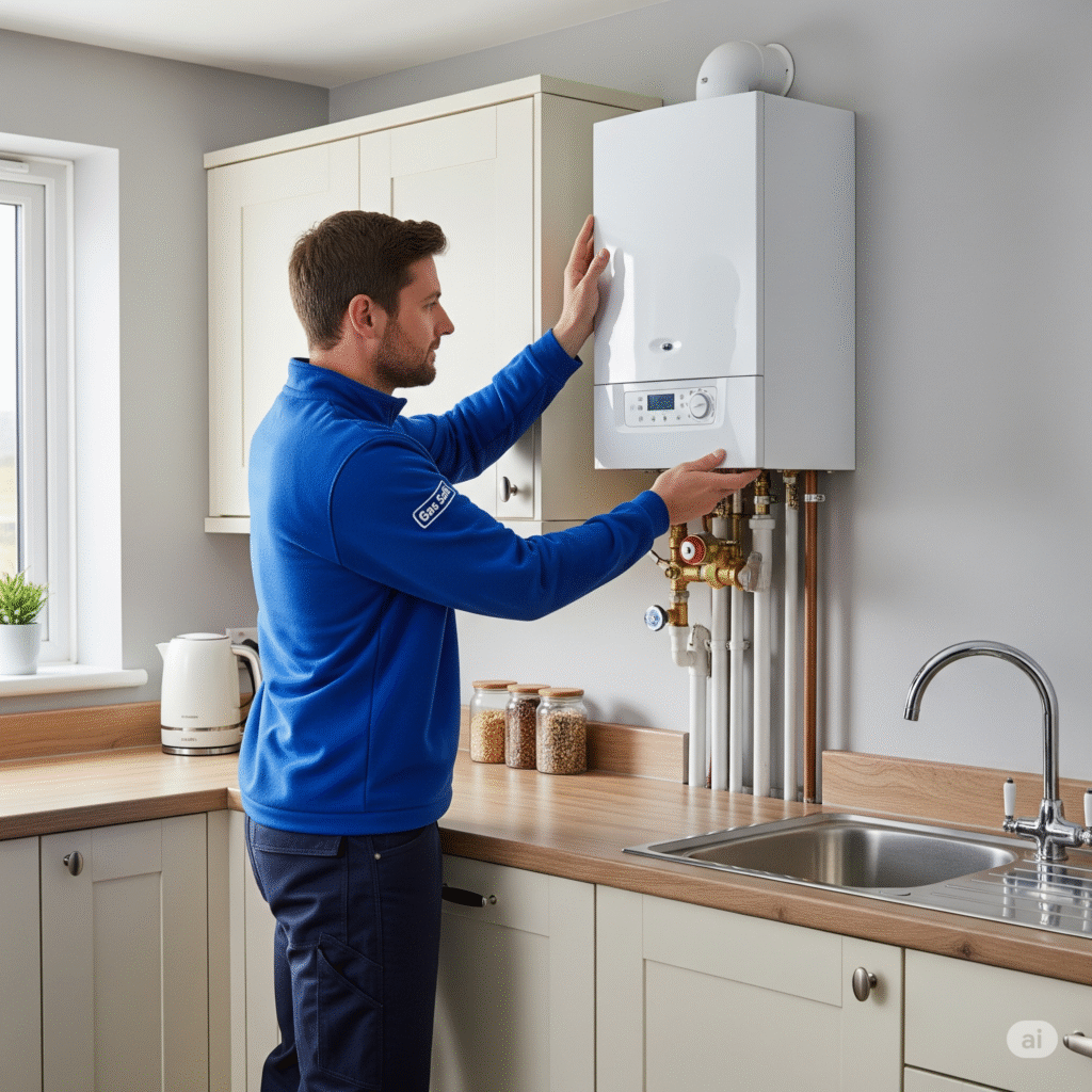 A Gas Safe registered engineer in the UK carefully fitting a modern, energy-efficient combi boiler to a wall in a typical UK kitchen.