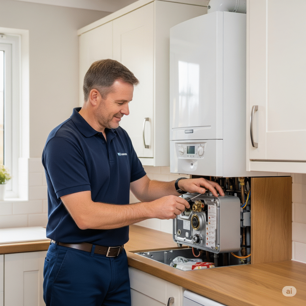 A candid yet professional photo of a boiler service technician, possibly a middle-aged woman, inspecting a traditional boiler unit in an older, well-maintained UK household.