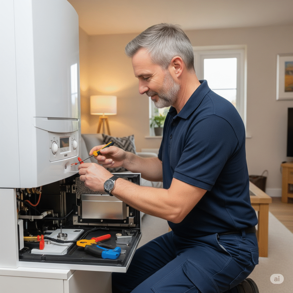 A friendly, middle-aged UK boiler engineer performing a routine service on a modern gas boiler in a cozy living room, ensuring optimal efficiency