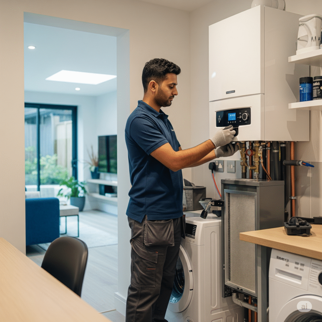 A professional engineer, possibly of South Asian ethnicity, carefully connecting a new boiler to an existing heating system in a UK residential property.