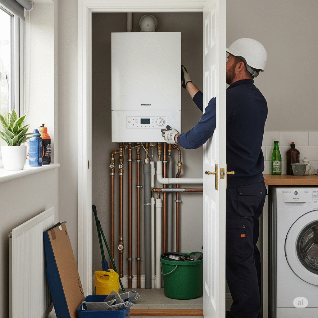 A professional gas engineer wearing safety gear meticulously installing a modern, high-efficiency combi boiler with smart controls in a utility room of a Bury St Edmunds home.