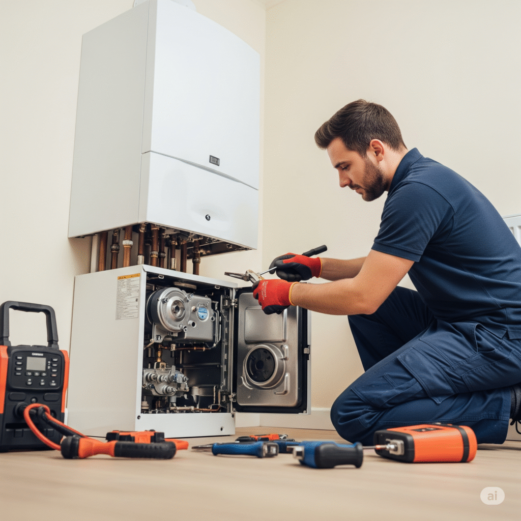 A professional heating engineer in a UK domestic setting meticulously carrying out additional repairs on a modern, high-efficiency boiler, with tools visible.