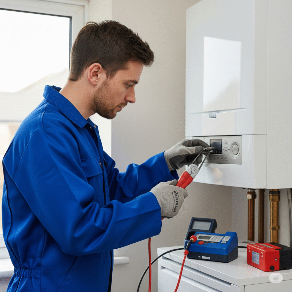 A service engineer in a bright blue uniform meticulously inspecting a boiler in a domestic setting within the United Kingdom, using specialized tools.